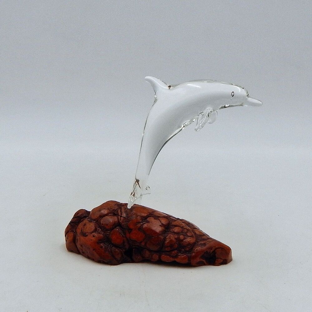 Hand Blown Clear Glass Dolphin Mounted Manzanita Driftwood Steve P Selchow 3 In